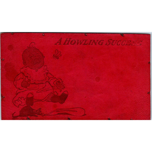 c1906 Baby Crying Humor Red Leather Postcard AE2