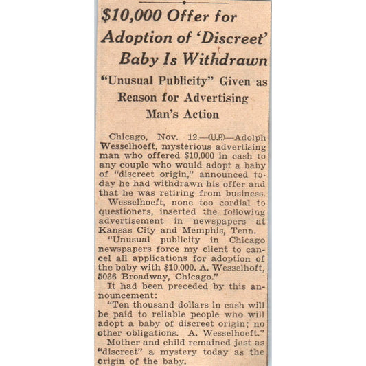 Cash Offer For Adoption Withdrawn 1935 Minneapolis Journal Article AE7-N5