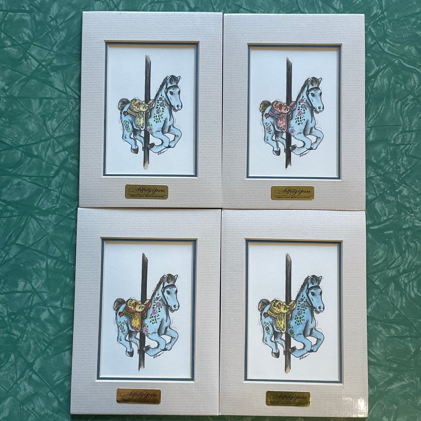 Blue Carousel Horse 5x7 Matted Print Hand Watercolor, Signed Shar Coulson