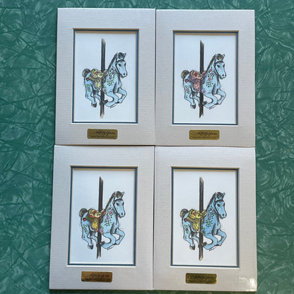 Blue Carousel Horse 5x7 Matted Print Hand Watercolor, Signed Shar Coulson