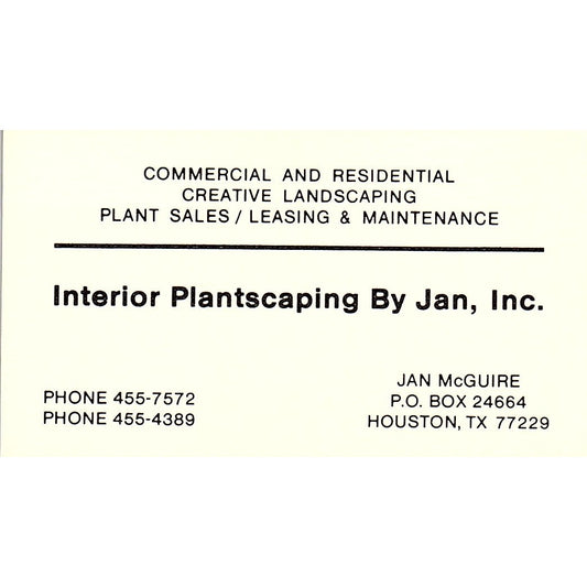 Interior Plantscaping By Jan, Inc. Jan McGuire Houston TX Business Card SSB4-B13