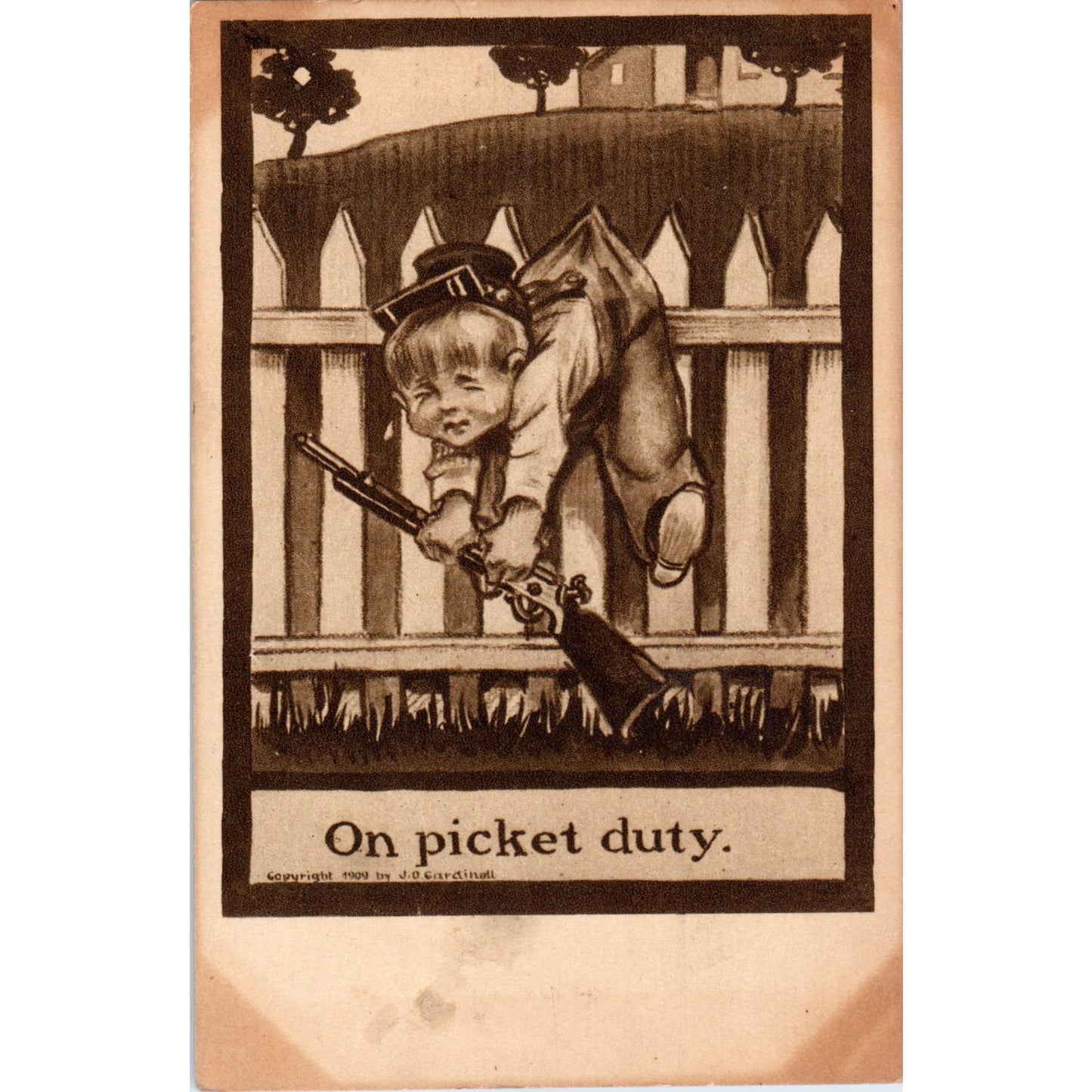 1909 On Picket Duty Little Boy Illustration Humor J.D. Cardinell Postcard PD2