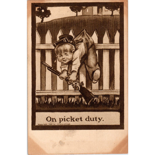 1909 On Picket Duty Little Boy Illustration Humor J.D. Cardinell Postcard PD2