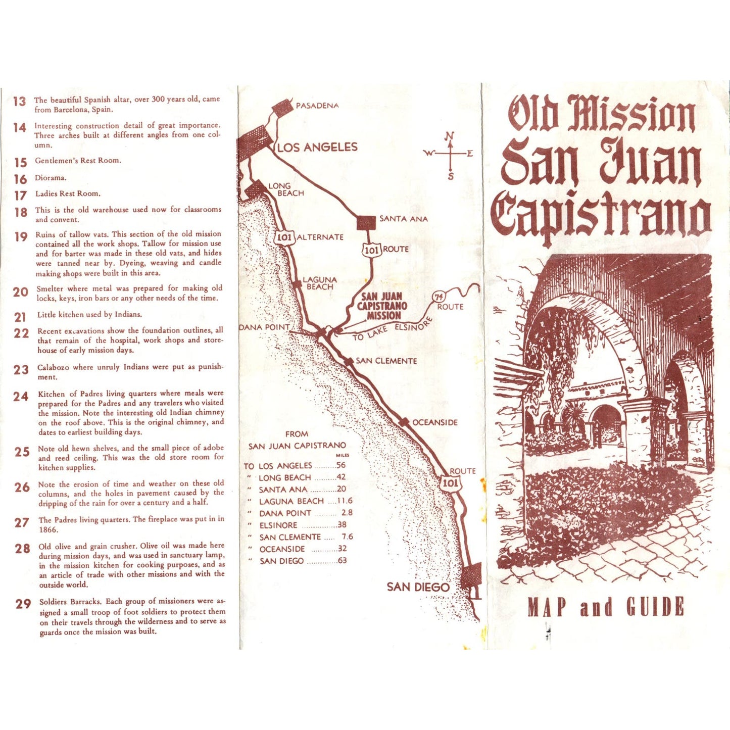 Vintage Old Mission San Juan Capistrano Travel Map and Guide Brochure AE9-X2