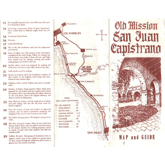 Vintage Old Mission San Juan Capistrano Travel Map and Guide Brochure AE9-X2