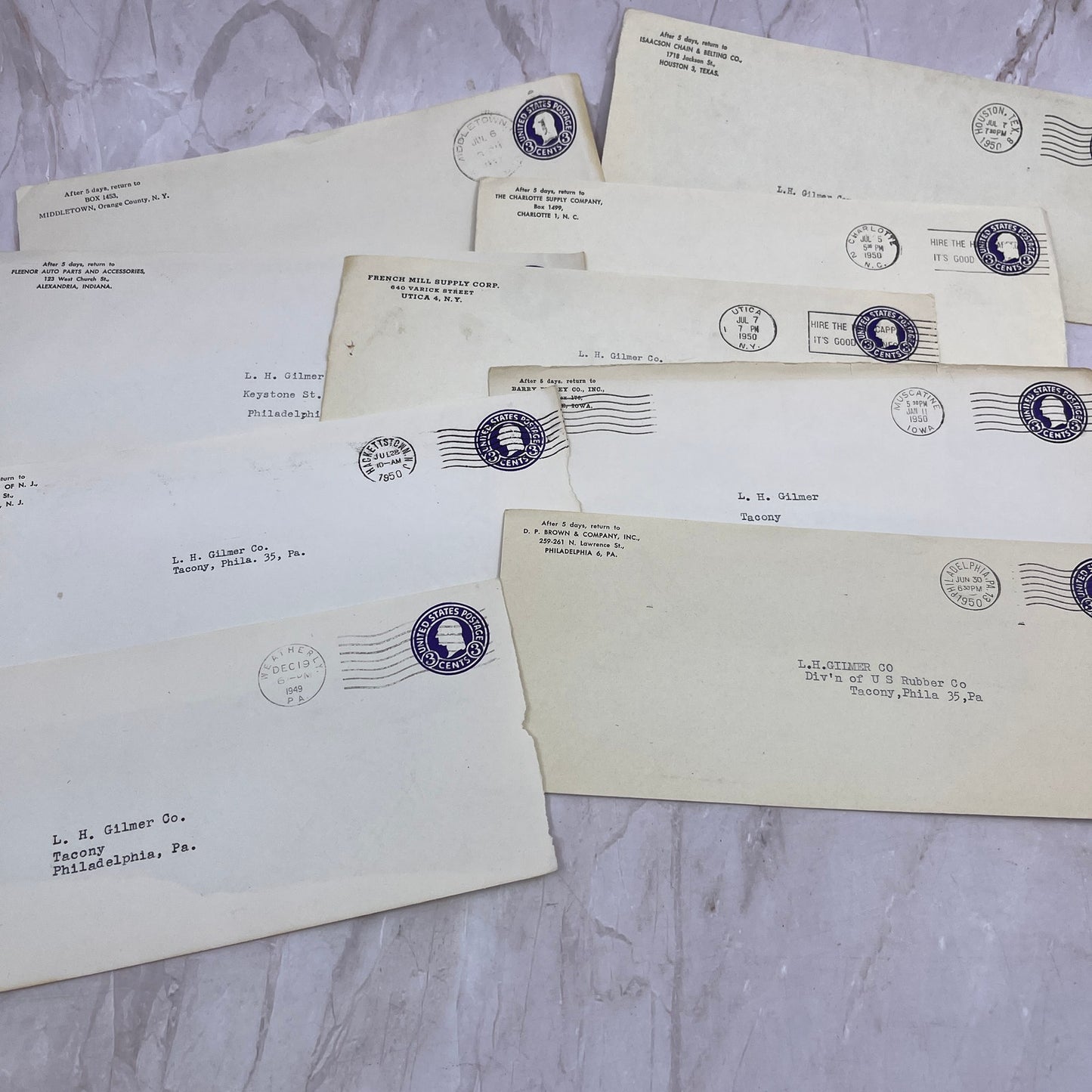 1950s Lot of L.H. Gilmer Co Tacony Philadelphia Postal Cover Envelopes TI5-E-22