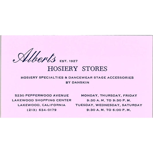 Albert's Hosiery Stores Lakewood CA Vintage Business Card SB4-B7