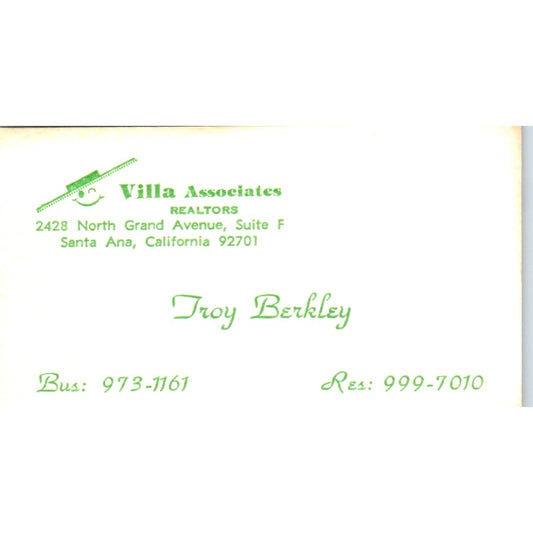 Troy Berkley Villa Associates Realtors Santa Ana CA Vintage Business Card SD8-B2