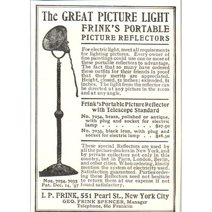 I.P. Frink Picture Lights Pearl Street NY 1906 Victorian Ad AB8-MA4