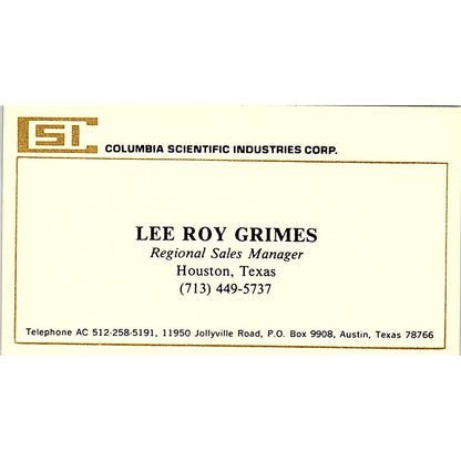 Columbia Scientific Lee Roy Grimes Houston Texas Vintage  Business Card SB4-B9