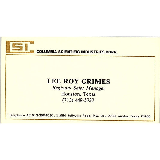 Columbia Scientific Lee Roy Grimes Houston Texas Vintage  Business Card SB4-B9