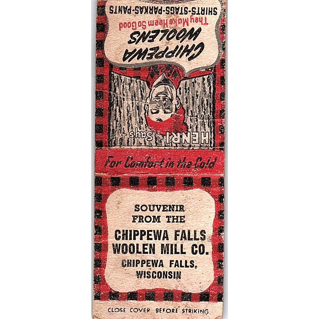 Chippewa Falls Woolen Mill Co WI Vintage Matchbook Cover SF3-Y5