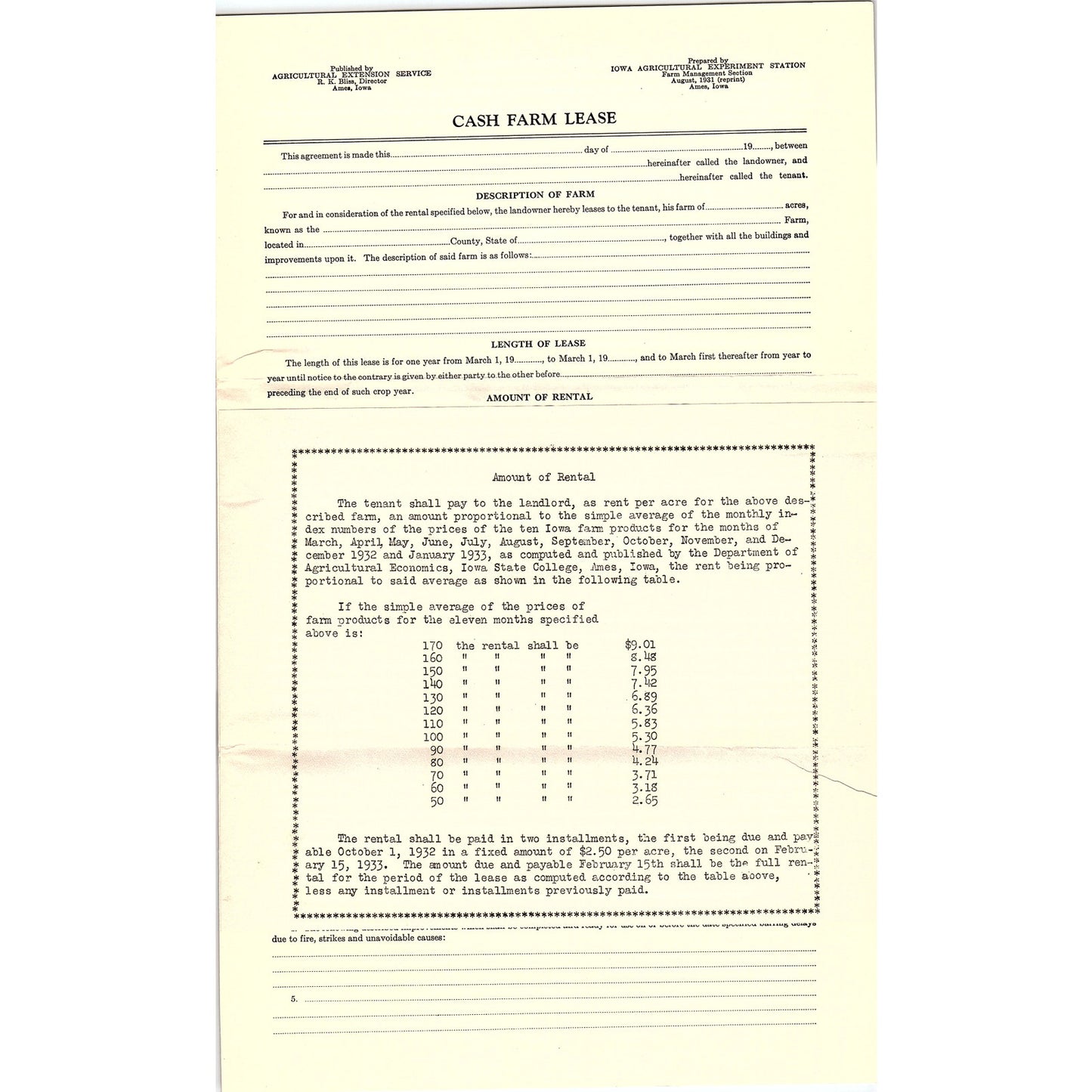 1932 Cash Farm Lease BLANK Form Ames IA Agricultural Experiment Station AG5-2