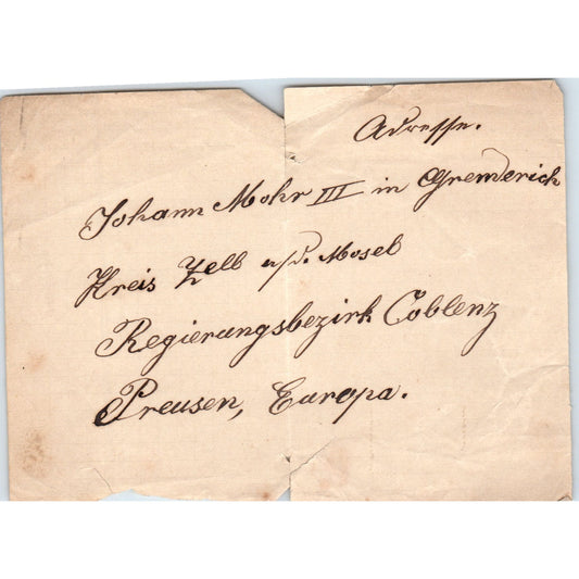 1800s Handwritten Note to Johan Mohr III Coblenz Prussia Europe AB6-OD1