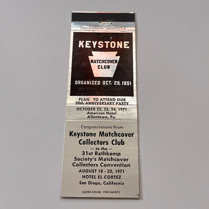 1971 Keystone Matchcover Club Convention Allentown PA Vintage Matchbook Cover TB6-MB2-1