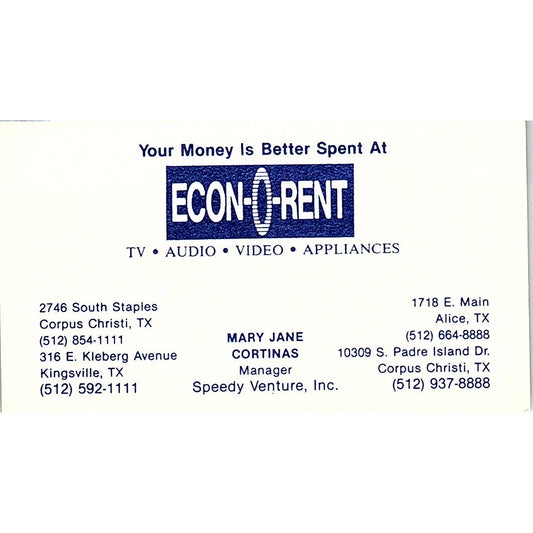 Mary Jane Cortinas Econ-O-Rent Speedy Ventures TX Vintage Business Card SC9-B5