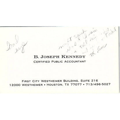 B Joseph Kennedy CPA Houston TX Vintage Business Card SD9-B1
