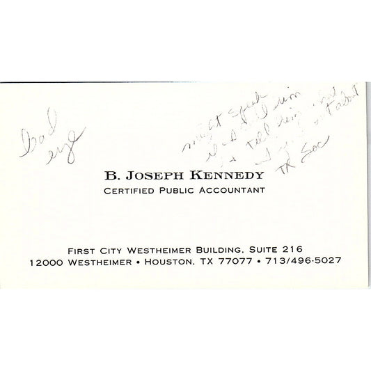 B Joseph Kennedy CPA Houston TX Vintage Business Card SD9-B1