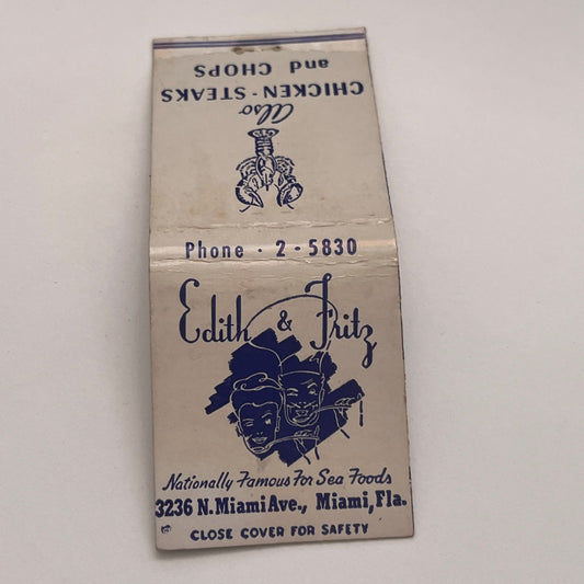 Edith & Fritz Sea Foods Miami FL Vintage Matchbook Cover TB8-MB2-3