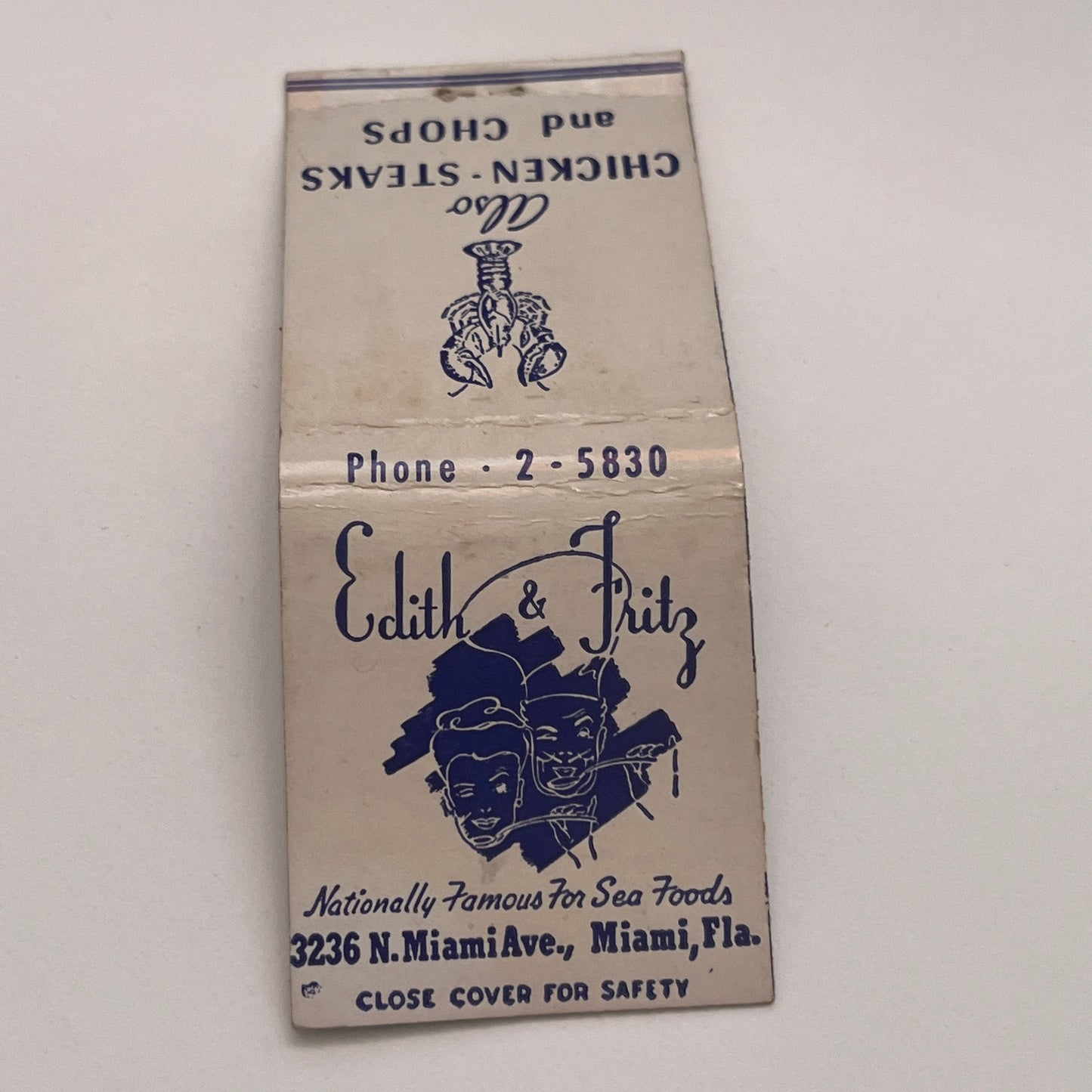 Edith & Fritz Sea Foods Miami FL Vintage Matchbook Cover MM4-2