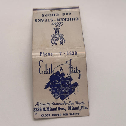 Edith & Fritz Sea Foods Miami FL Vintage Matchbook Cover MM4-2