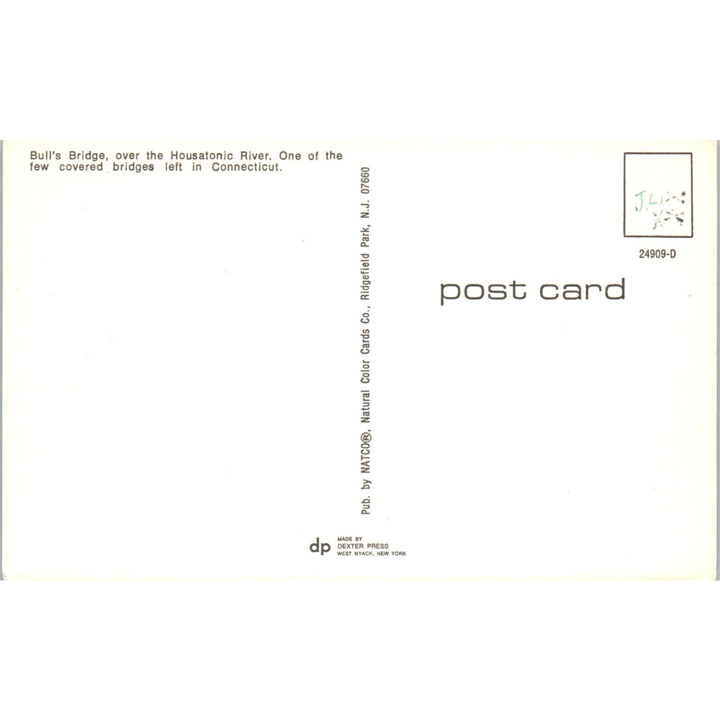 Bull's Bridge Housatonic River Connecticut Covered Bridge Postcard PB13