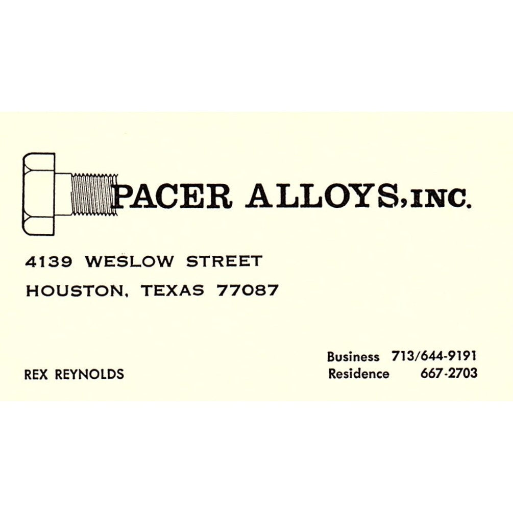 Rex Reynolds Pacer Alloys Inc Houston Vintage Business Card SC9-B12