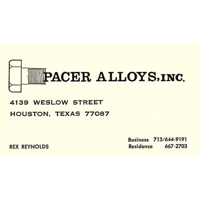 Rex Reynolds Pacer Alloys Inc Houston Vintage Business Card SC9-B12