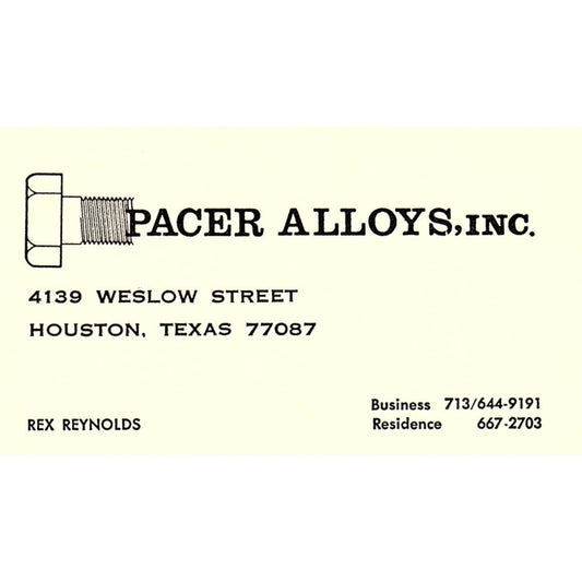 Rex Reynolds Pacer Alloys Inc Houston Vintage Business Card SC9-B12