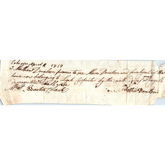 1813 Handwritten Receipt Colrain MA Mathew Donelson Erastus Clark AE6-12