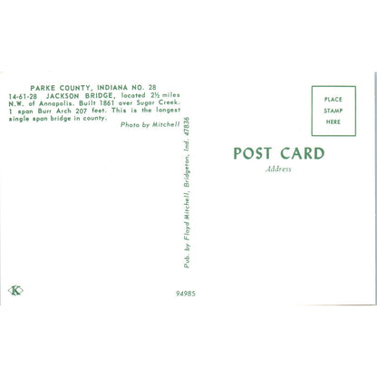 Jackson Bridge Parke County IN No 28 Vintage Covered Bridge Postcard PD1