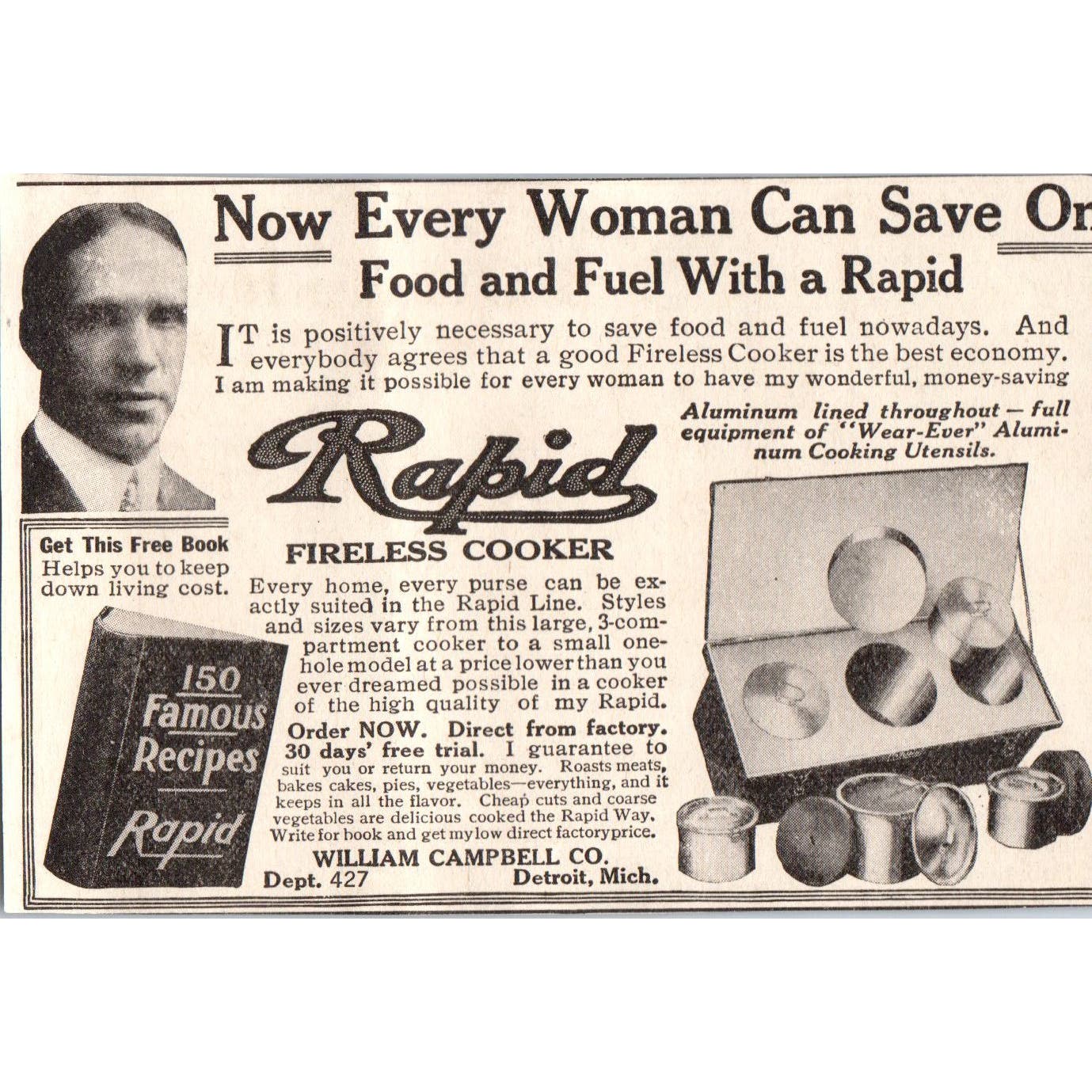 Rapid Fireless Cooker William Campbell Co Detroit MI 1918 Magazine Ad AF1-WH1