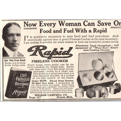 Rapid Fireless Cooker William Campbell Co Detroit MI 1918 Magazine Ad AF1-WH1