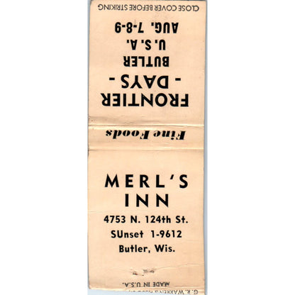 Merl's Inn Butler WI Frontier Days Vintage Matchbook Cover SD2-Y4