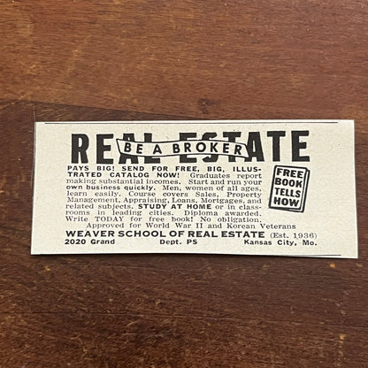 Be a Real Estate Broker Weaver School of Real Estate Kansas City 1955 Ad AF9-S1
