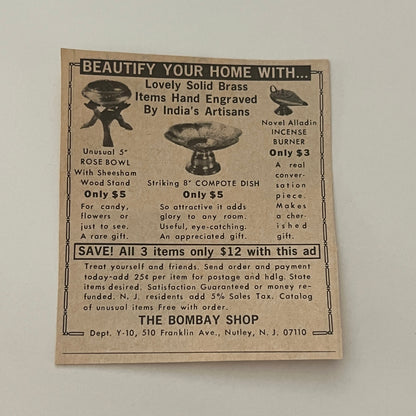 The Bombay Shop Rose Bowl Incense Burner Nutley NJ 1971 Magazine Ad SAG4-S15
