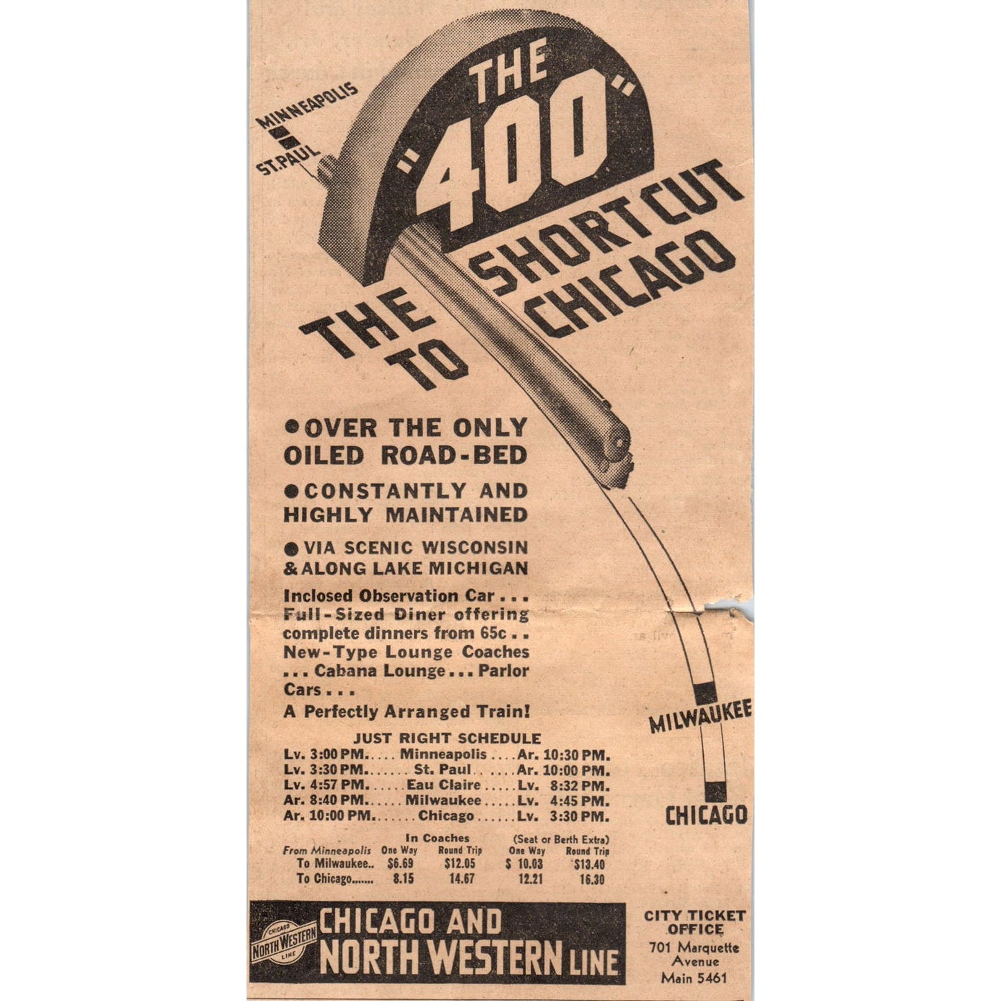 Chicago & Northwestern Line 400 Route 4x8" 1935 Minneapolis Journal Ad AE7-N1