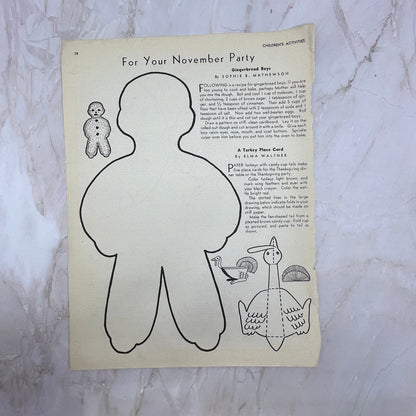 Vintage November Thanksgiving Party Childrens Crafts Magazine Clipping FL6-1