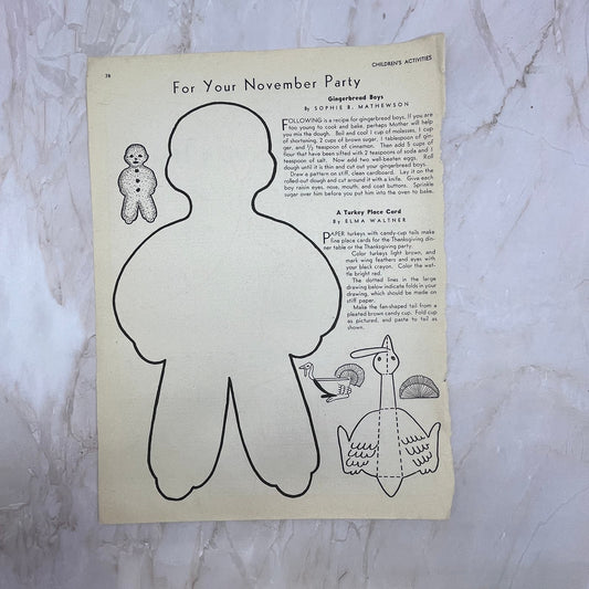 Vintage November Thanksgiving Party Childrens Crafts Magazine Clipping FL6-1