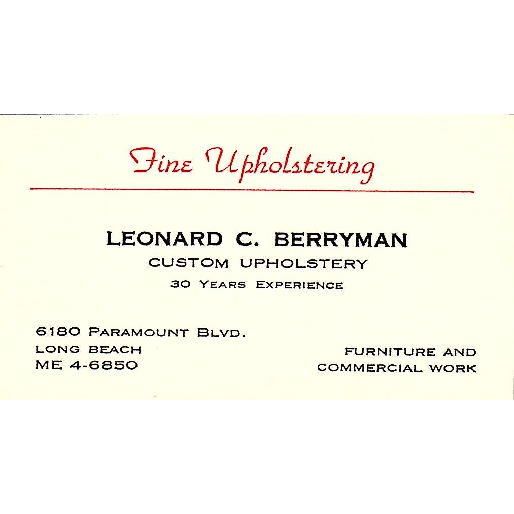 Fine Upholstering Leonard C. Berryman Long Beach ME Vintage Business Card SF3-B6