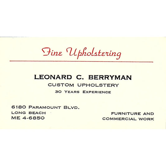 Fine Upholstering Leonard C. Berryman Long Beach ME Vintage Business Card SF3-B6