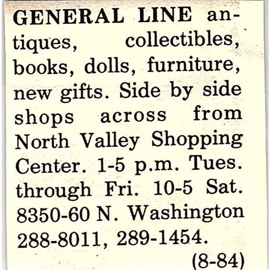 General Line Antiques & Collectibles North Valley Shopping Center 1984 Ad AF9-S1