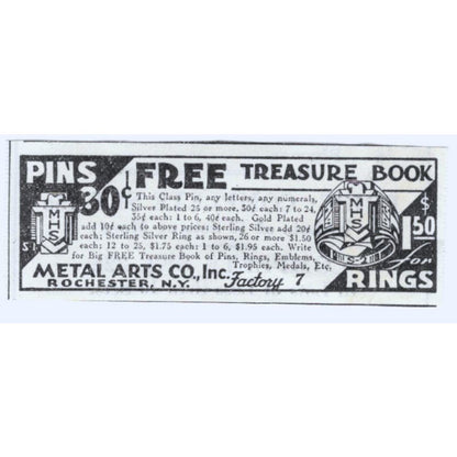 Metal Arts Co. Inc. Rochester NY Pins Rings 1930s Magazine Advertisement AE4-I3