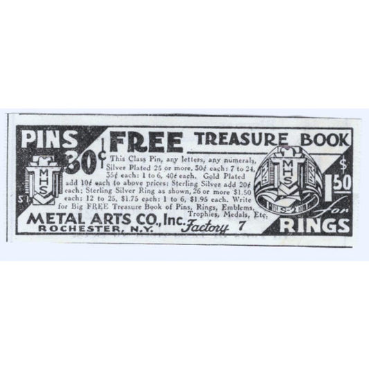 Metal Arts Co. Inc. Rochester NY Pins Rings 1930s Magazine Advertisement AE4-I3