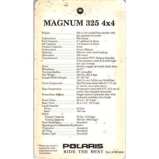 1999 Polaris Magnum 325 4x4 Hang Tag D24