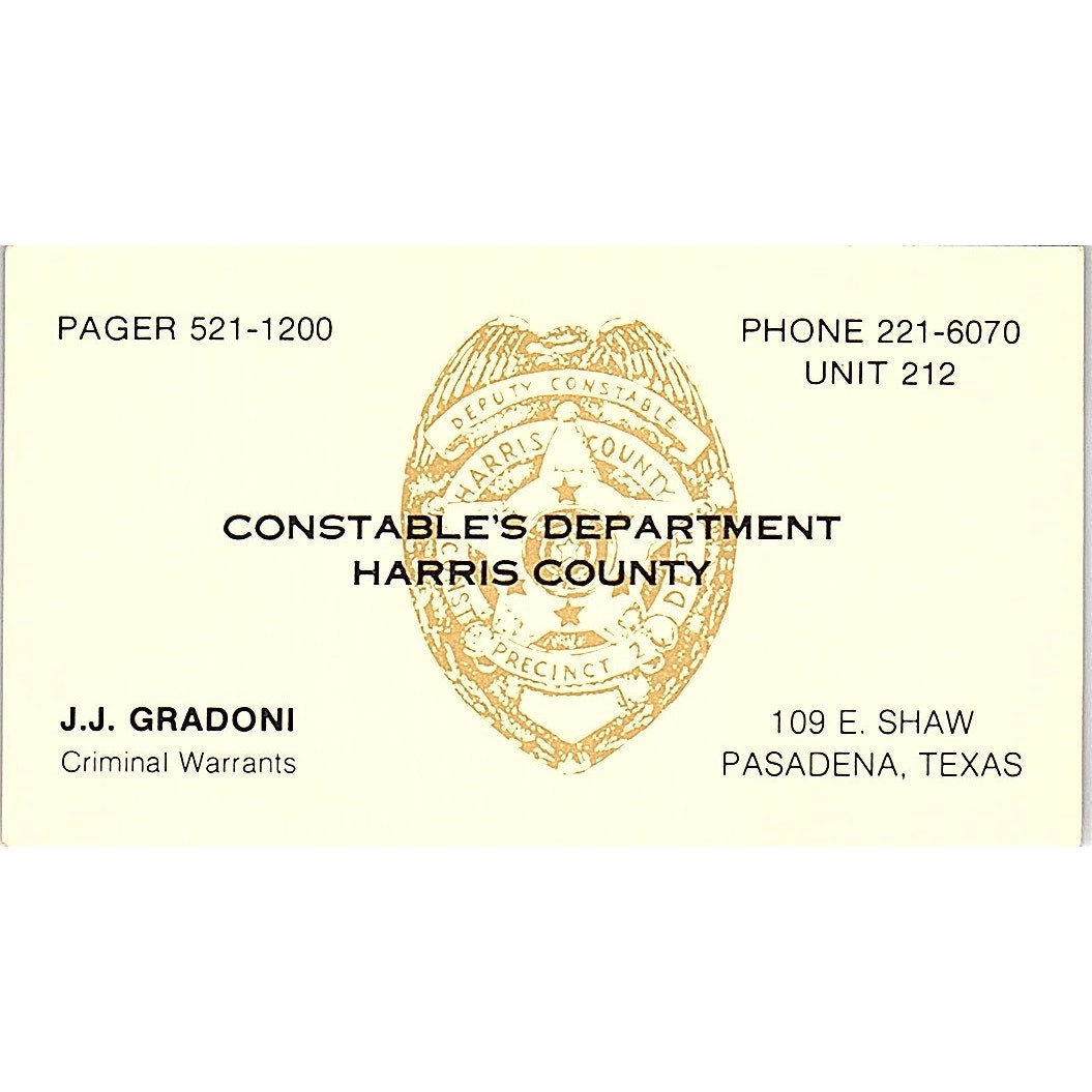 J.J. Gradoni Constables Department Harris County TX Vintage Business Card SC9-B6