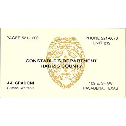 J.J. Gradoni Constables Department Harris County TX Vintage Business Card SC9-B6
