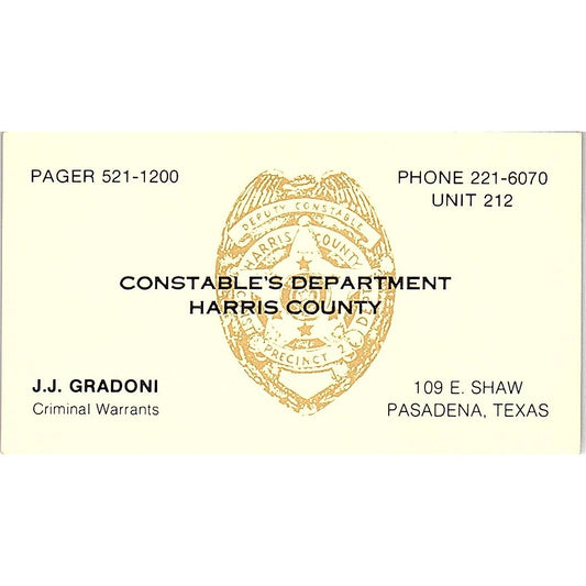 J.J. Gradoni Constables Department Harris County TX Vintage Business Card SC9-B6
