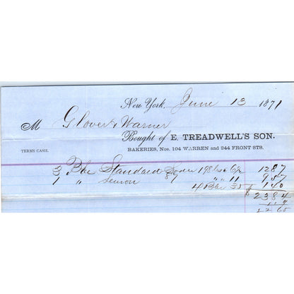 1871 E. Treadwell's Son Bakeries Glover & Warren NY Receipt Letterhead AF2-A3