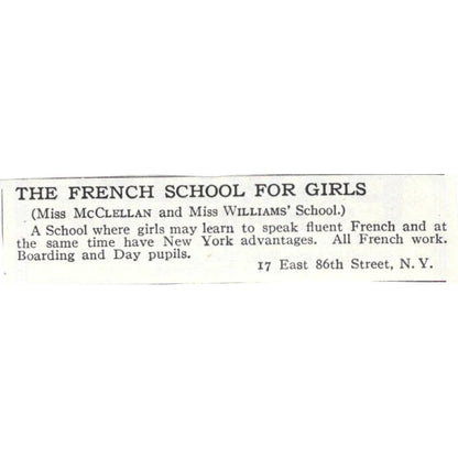 The French School for Girls Miss McClellan & Williams NY c1918 Ad AE5-SA10